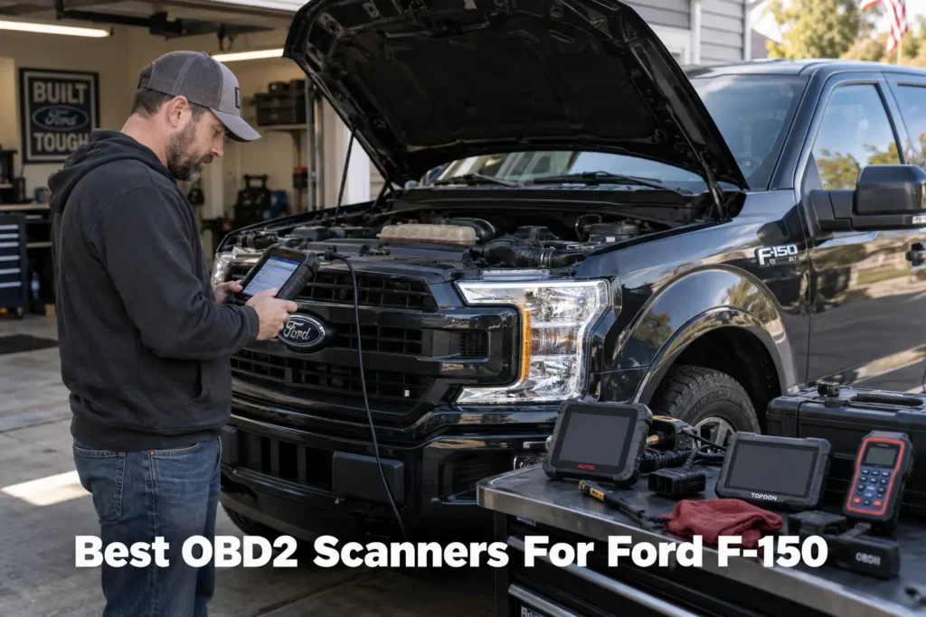 Man scanning a Ford F-150 with an OBD2 tool beside an open hood and diagnostic equipment.