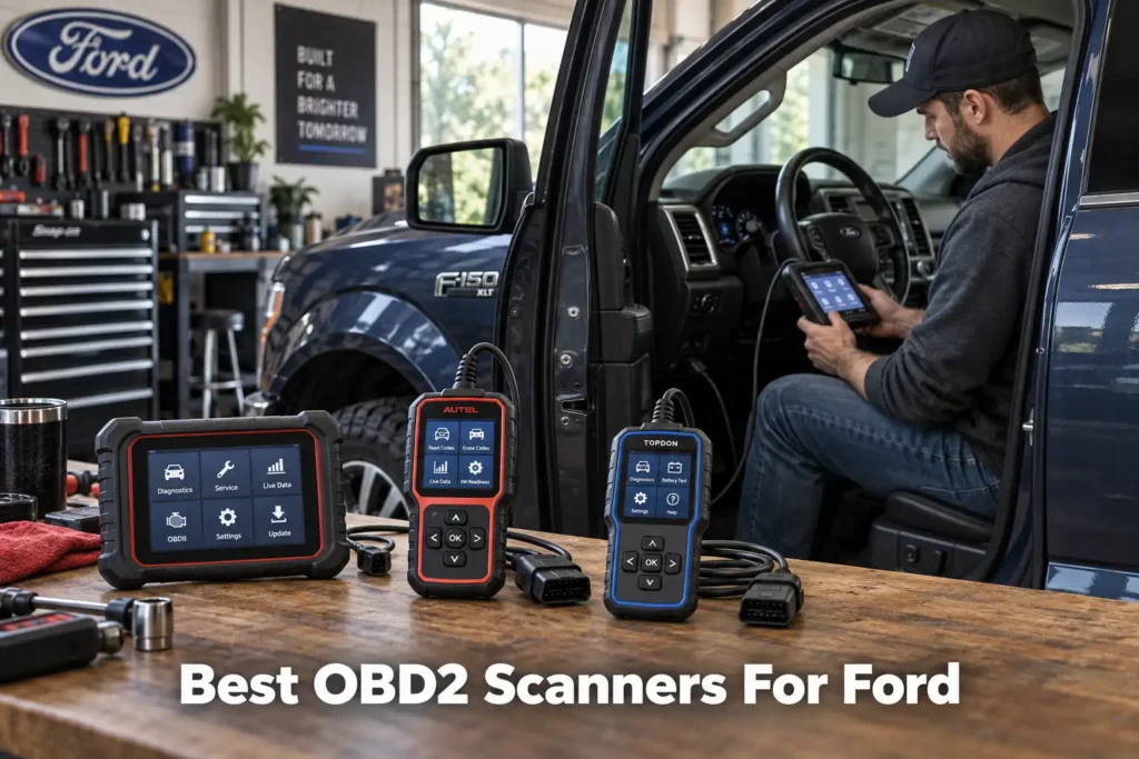 Man using an OBD2 scanner inside a Ford F-150, with several automotive diagnostic tools displayed on a garage workbench.