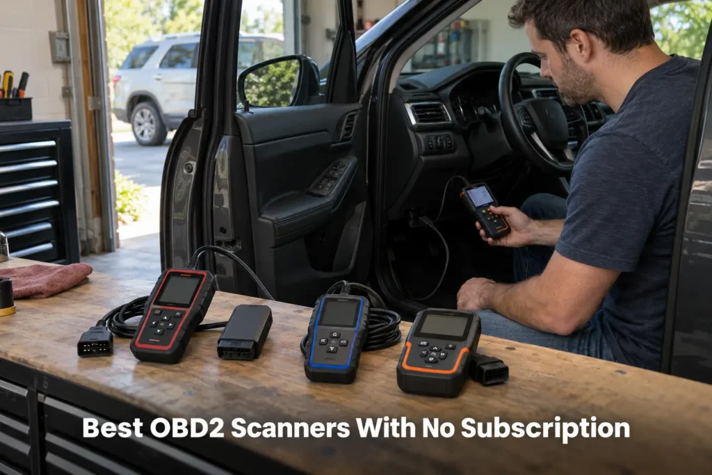 DIY car owner using an OBD2 scanner connected to a vehicle, with several no-subscription diagnostic tools displayed on a workbench.
