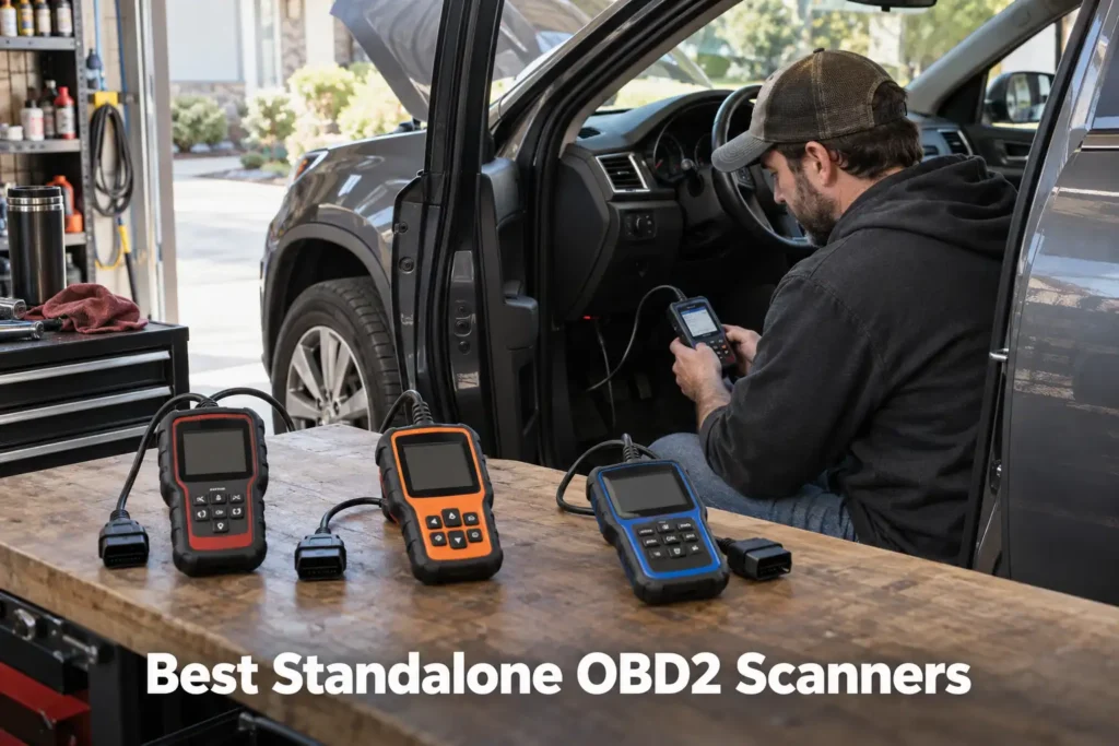 Man using a standalone OBD2 scanner inside a vehicle, with several handheld diagnostic scanners displayed on a garage workbench.