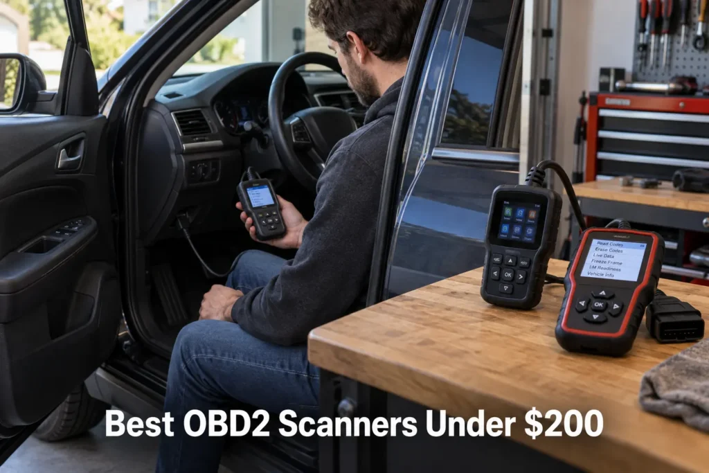 Budget OBD2 scanners under $100 displayed on a workbench while a car owner uses a diagnostic tool inside a vehicle.