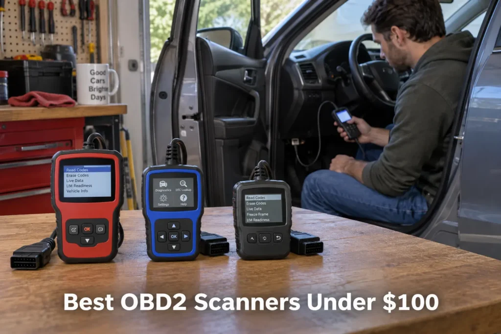Man using an OBD2 scanner inside a vehicle, with several affordable diagnostic scanners under $200 displayed on a garage workbench.