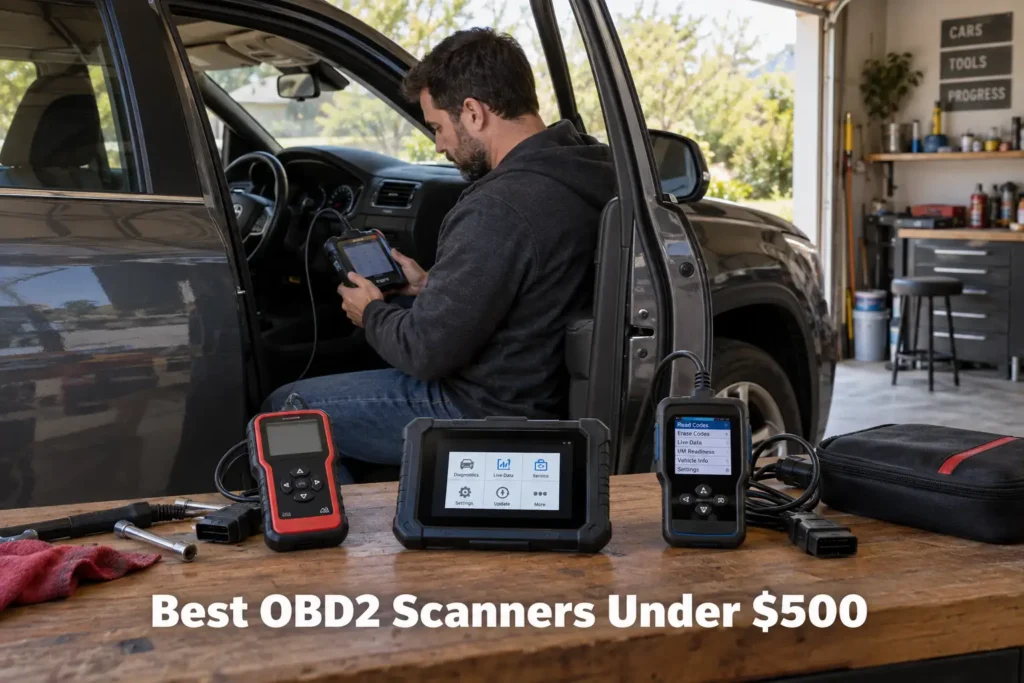 Man using an OBD2 scanner in a home garage, with several diagnostic tools under $500 arranged on a wooden workbench.