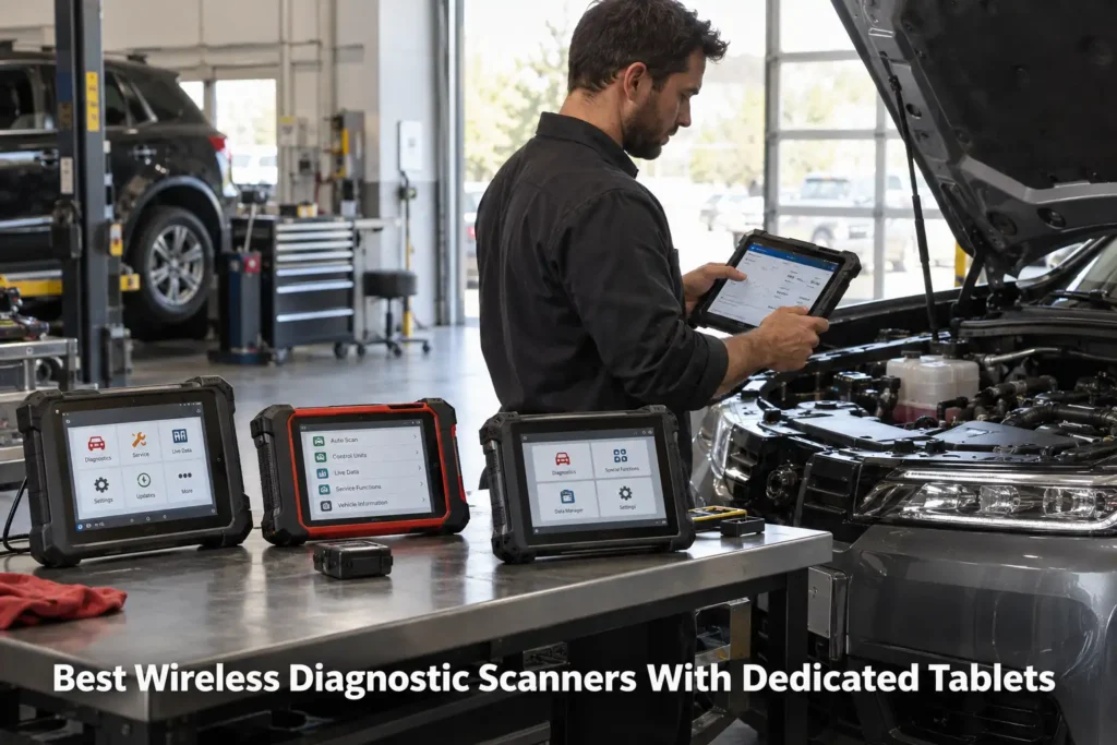 Technician using a wireless automotive diagnostic tablet beside a vehicle, with multiple dedicated scan-tool tablets on a workshop table.