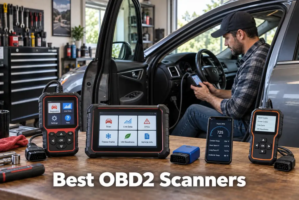 Car owner using an OBD2 scanner inside a vehicle, with several handheld and tablet diagnostic scanners displayed on a garage workbench.