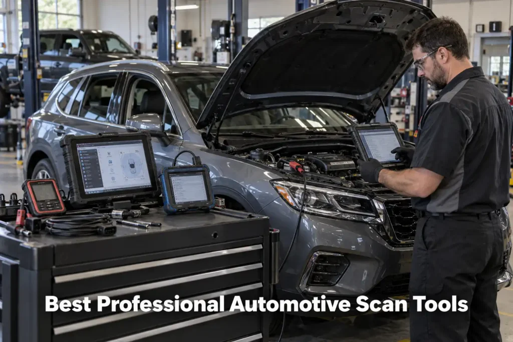 Professional mechanic using an advanced automotive scan tool in a service garage with multiple diagnostic tablets and a vehicle hood open.