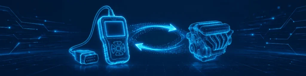 Glowing blue holographic scanner and engine linked by two-way circulating light arrows
