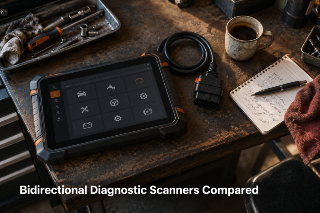 Bidirectional diagnostic scanner, OBD2 cable, coffee cup, and handwritten diagnostic notes arranged on a mechanics workbench.
