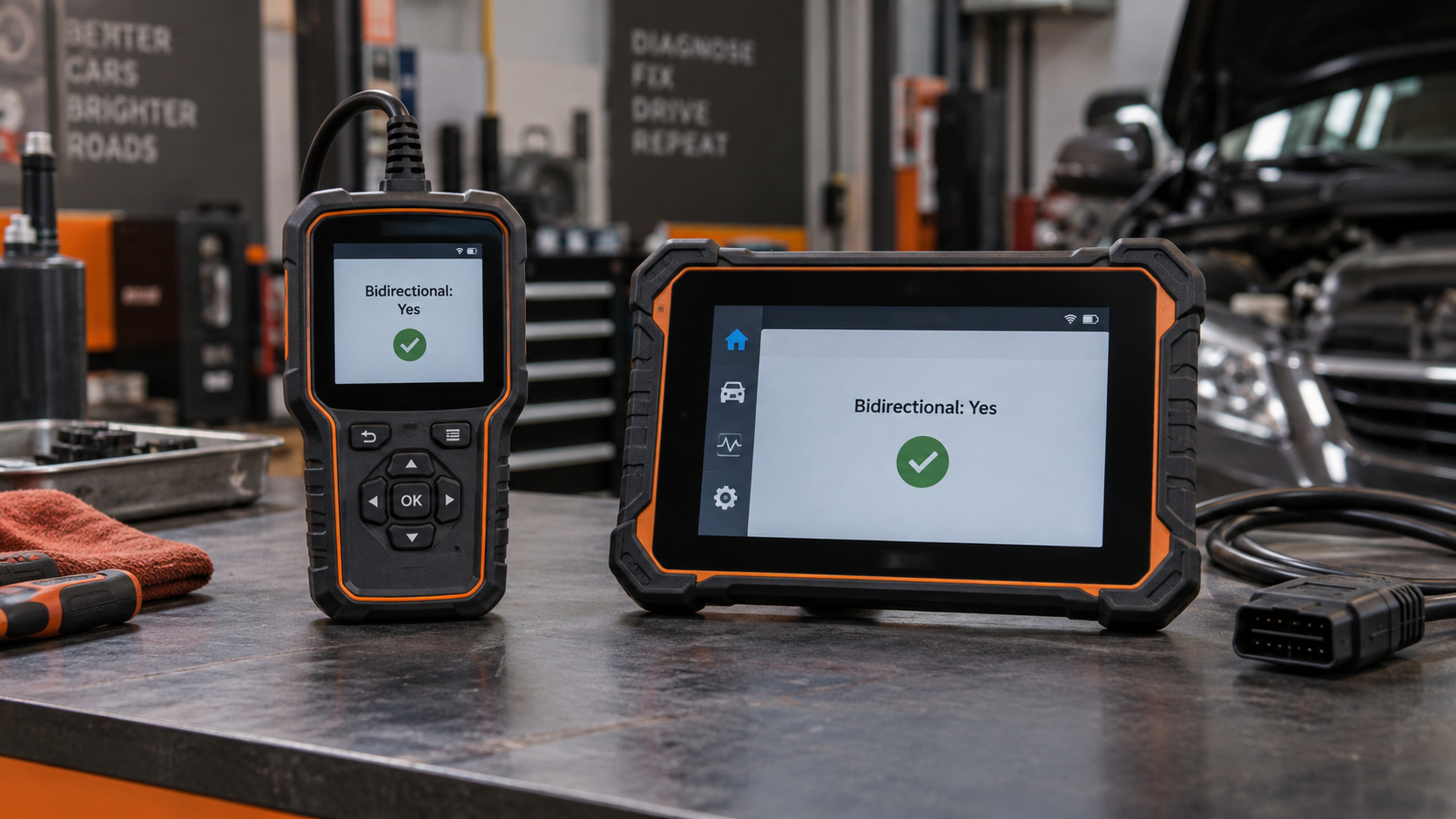 Two diagnostic scanners side by side on a workshop bench, both showing bidirectional capability for comparison.