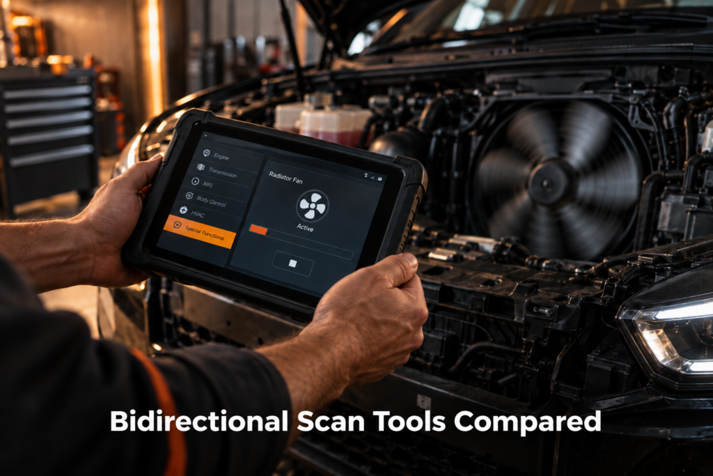 Mechanic using a bidirectional diagnostic tablet while commanding an engine cooling fan during an active test.