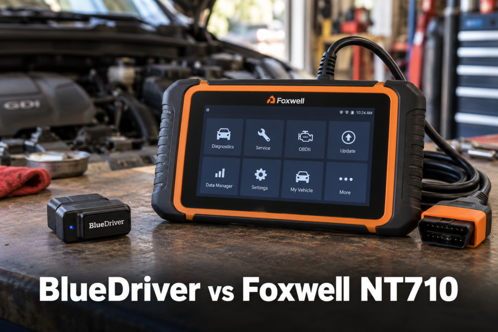 BlueDriver Bluetooth OBD2 adapter and Foxwell NT710 diagnostic tablet compared side by side near an open engine bay