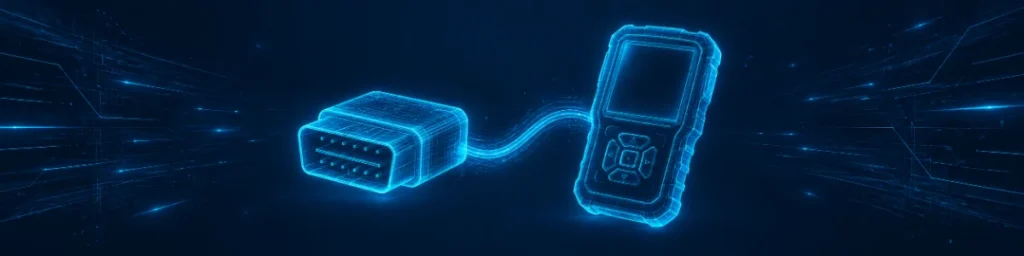 Glowing blue holographic OBD2 connector linked by a data cable to a handheld standalone diagnostic scanner