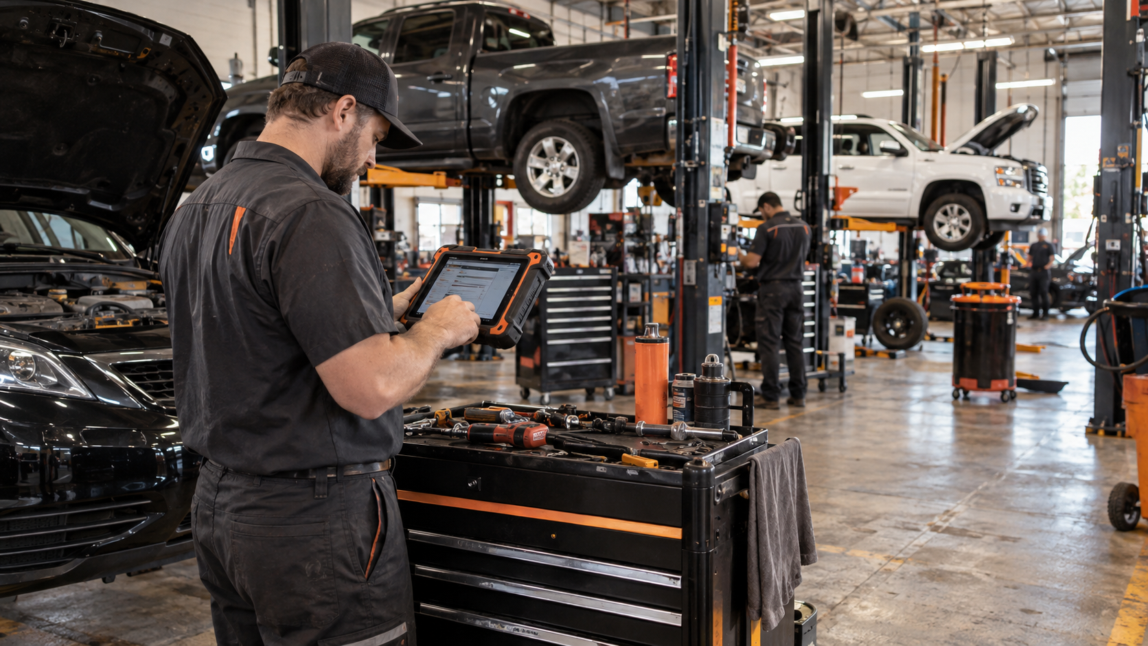 Professional technician using a diagnostic tablet in a busy auto repair shop with multiple vehicles on lifts and tool carts nearby.