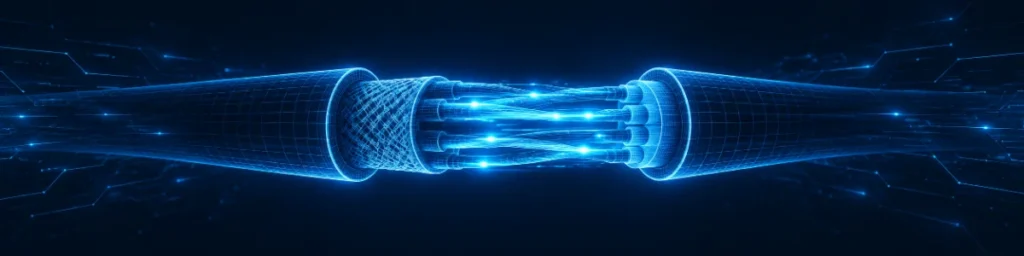 Glowing blue holographic data cable cross-section with illuminated high-speed data strands
