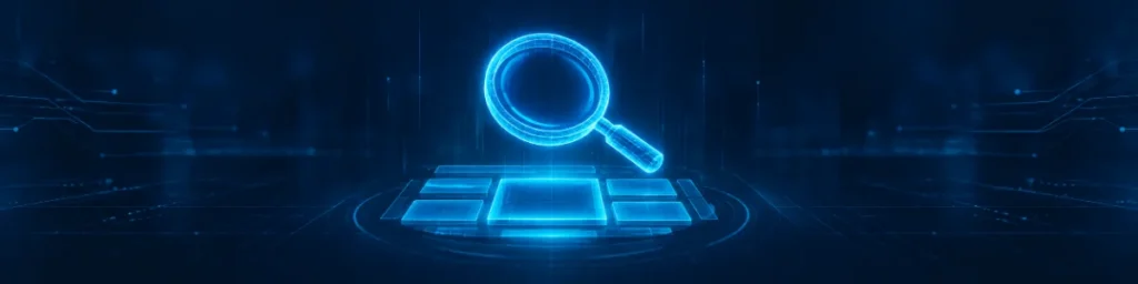 Glowing blue holographic magnifying glass hovering over an abstract vehicle diagnostic panel display