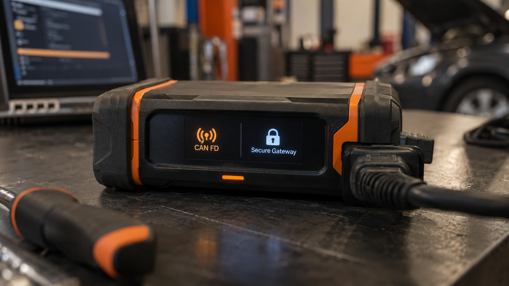 Professional diagnostic interface box on a workbench showing separate CAN FD and Secure Gateway status icons.