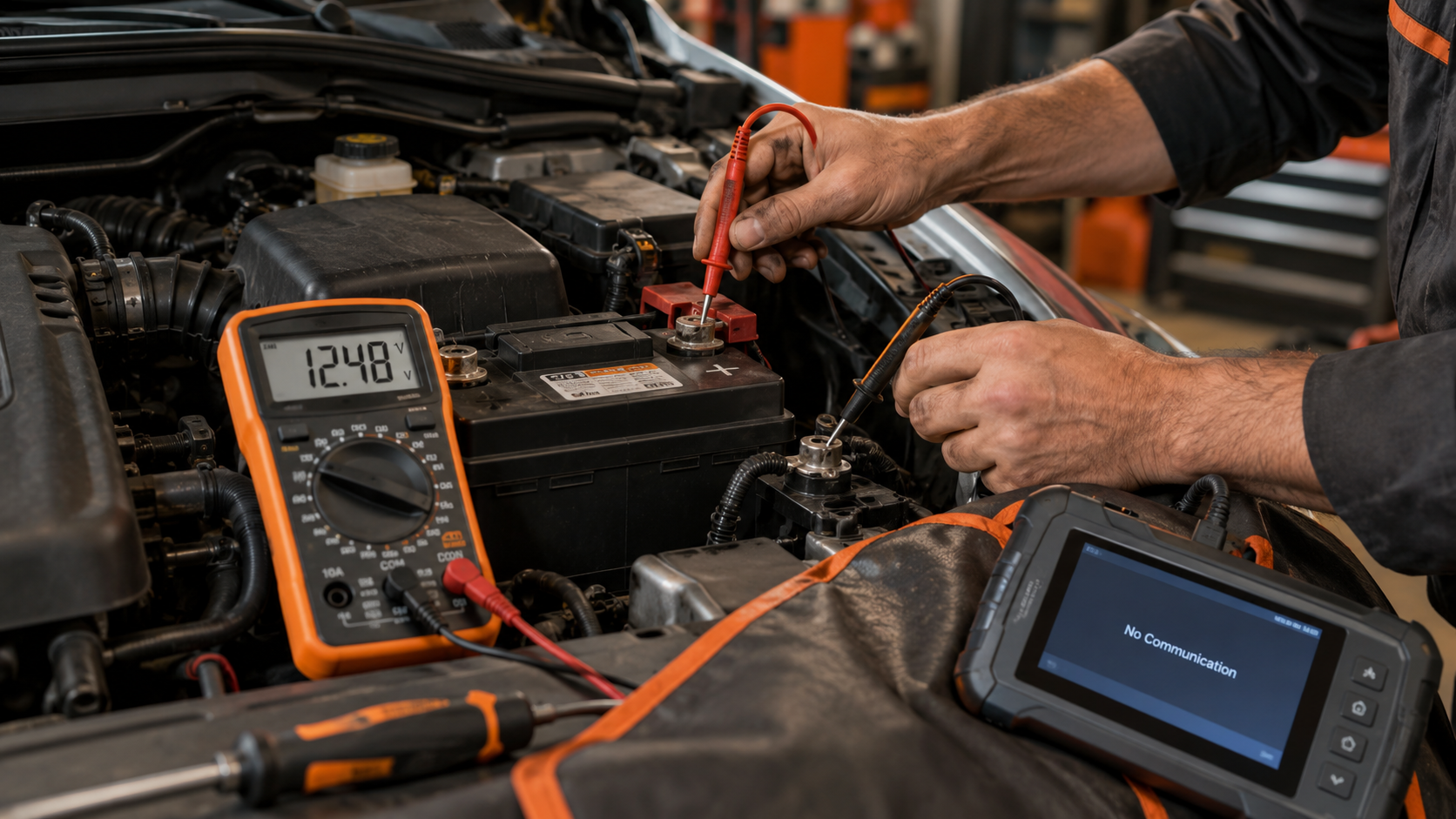 Mechanic testing car battery voltage with a multimeter while a diagnostic scanner nearby displays a no communication message.