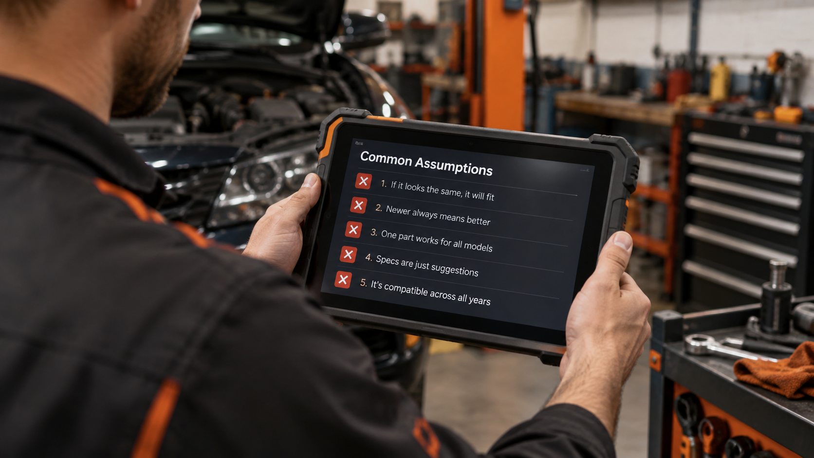 Technician holding a diagnostic tablet showing a list of common compatibility assumptions marked with red X icons in a workshop.