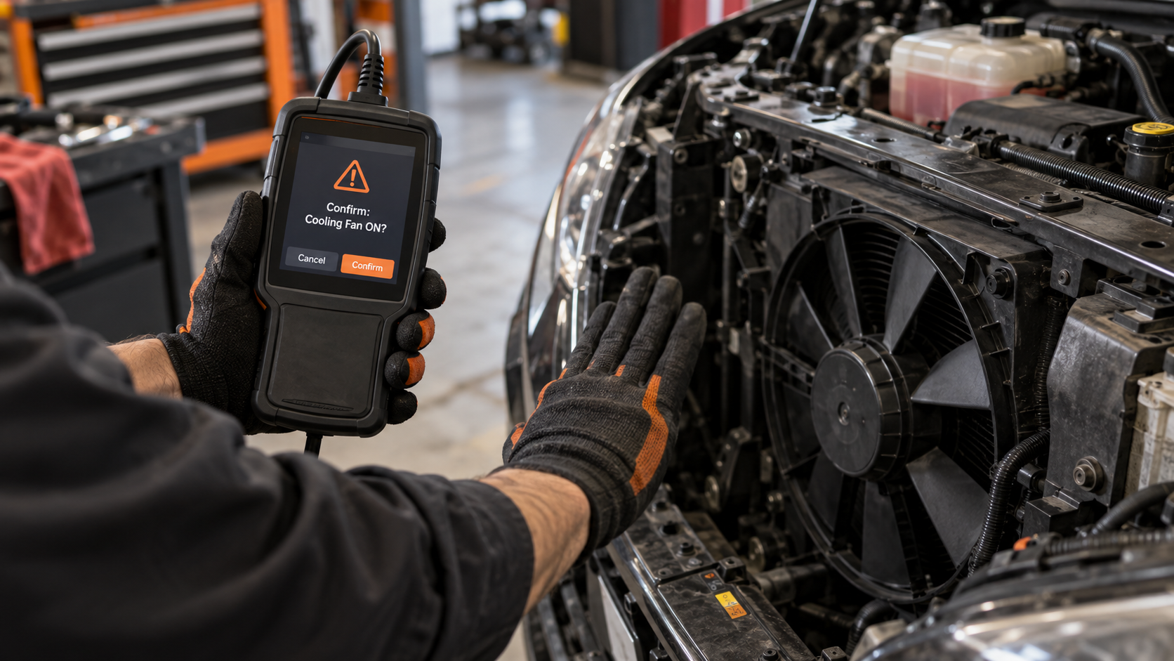 Technician holding a scanner with a cooling fan confirmation prompt while keeping a safe distance from the engine fan.