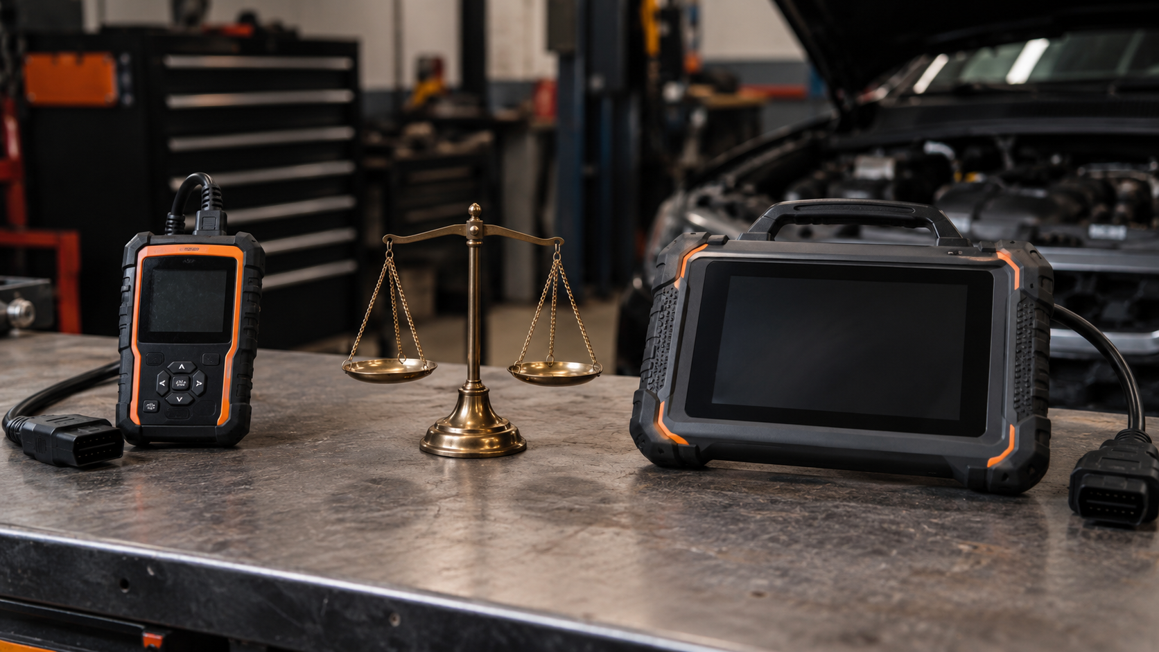 Basic and professional diagnostic scanners placed on opposite sides of a balance scale on a workshop bench.
