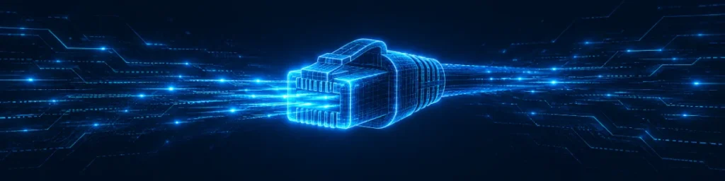 Glowing blue holographic Ethernet RJ45 connector with streaming data light trails