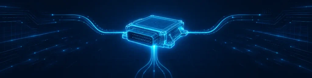 Glowing blue holographic automotive ECU module with three branching data pathways