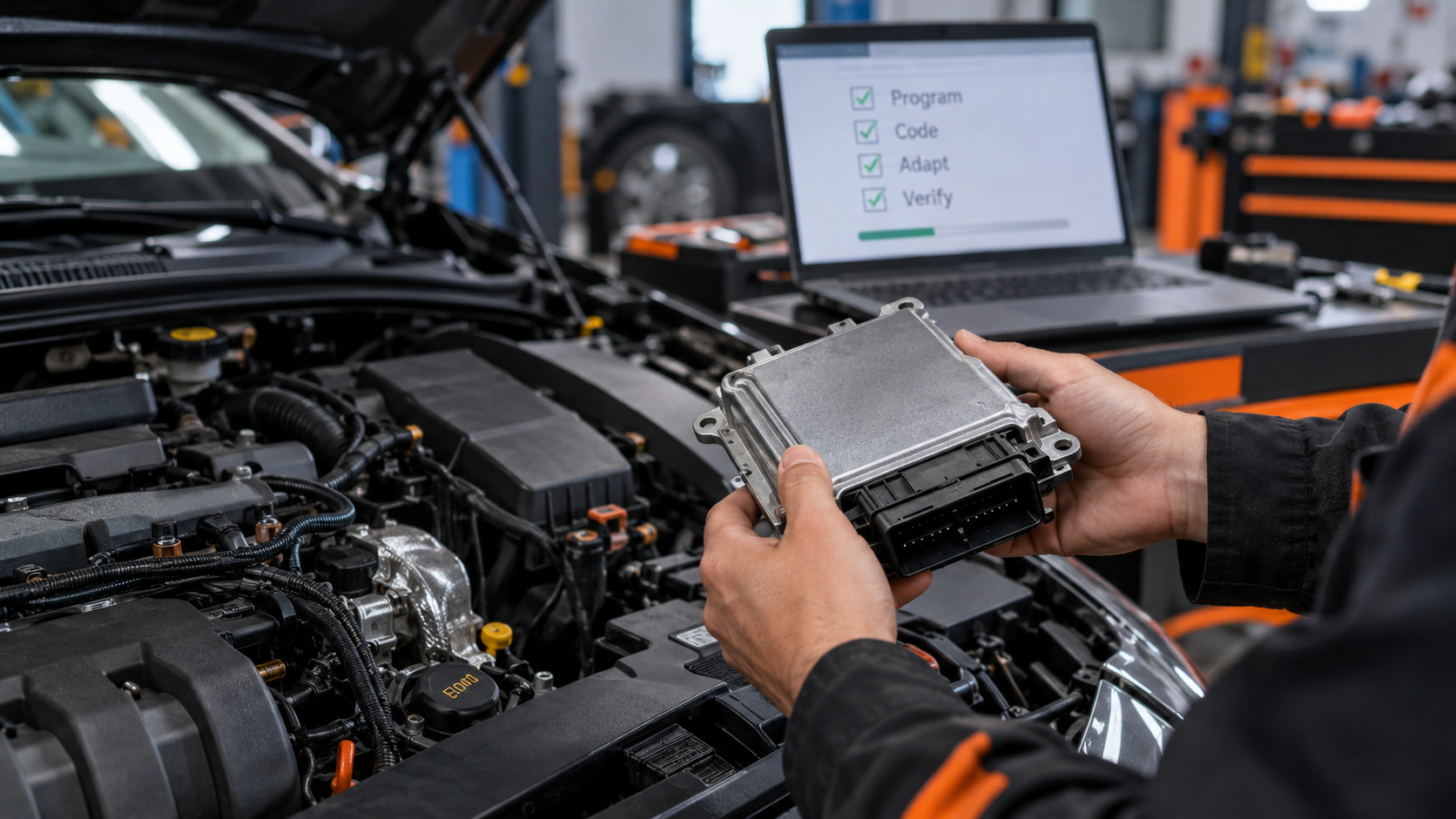 Technician holding an electronic control module over an engine bay while a laptop shows coding and programming steps.