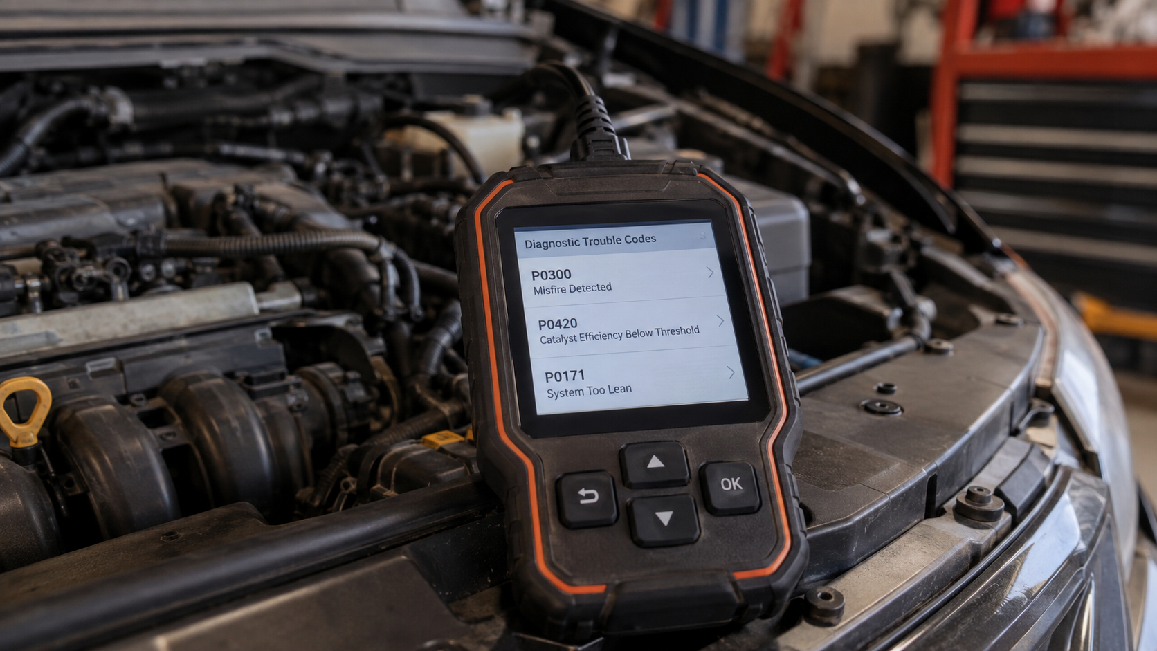 OBD2 scanner resting on an engine bay edge, displaying a list of codes including P0300, P0420, and P0171.