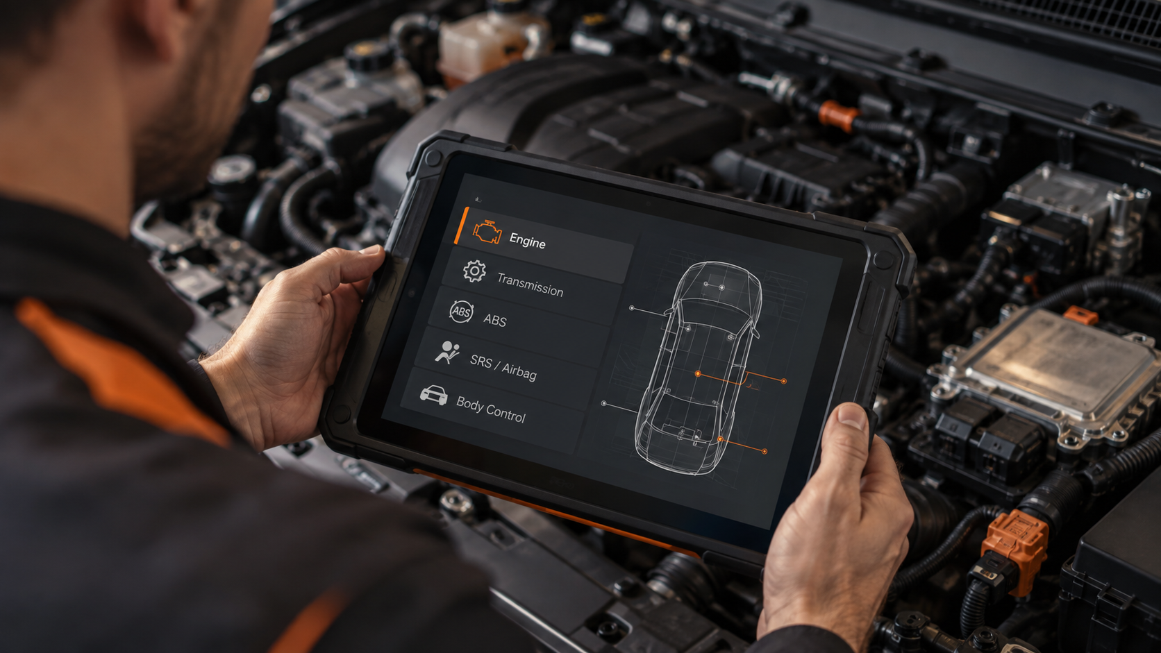 Diagnostic tablet showing vehicle control modules including engine, transmission, ABS, SRS, and body control beside an open engine bay.