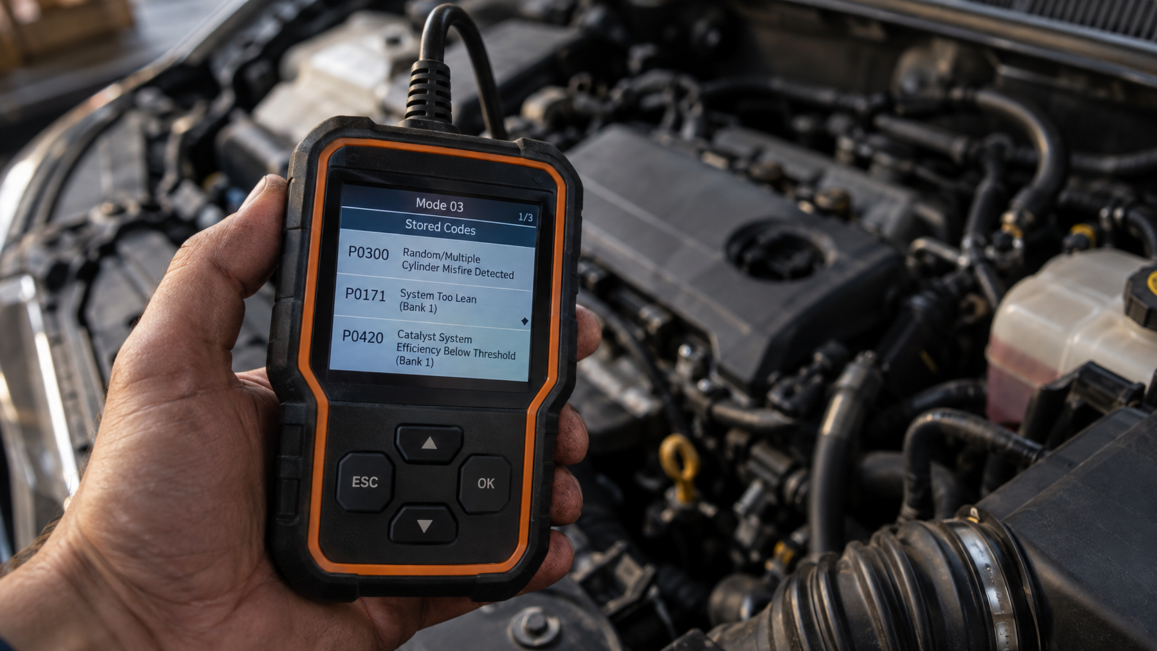 Handheld OBD2 scanner displaying stored trouble codes P0300, P0171, and P0420 over an open engine bay.