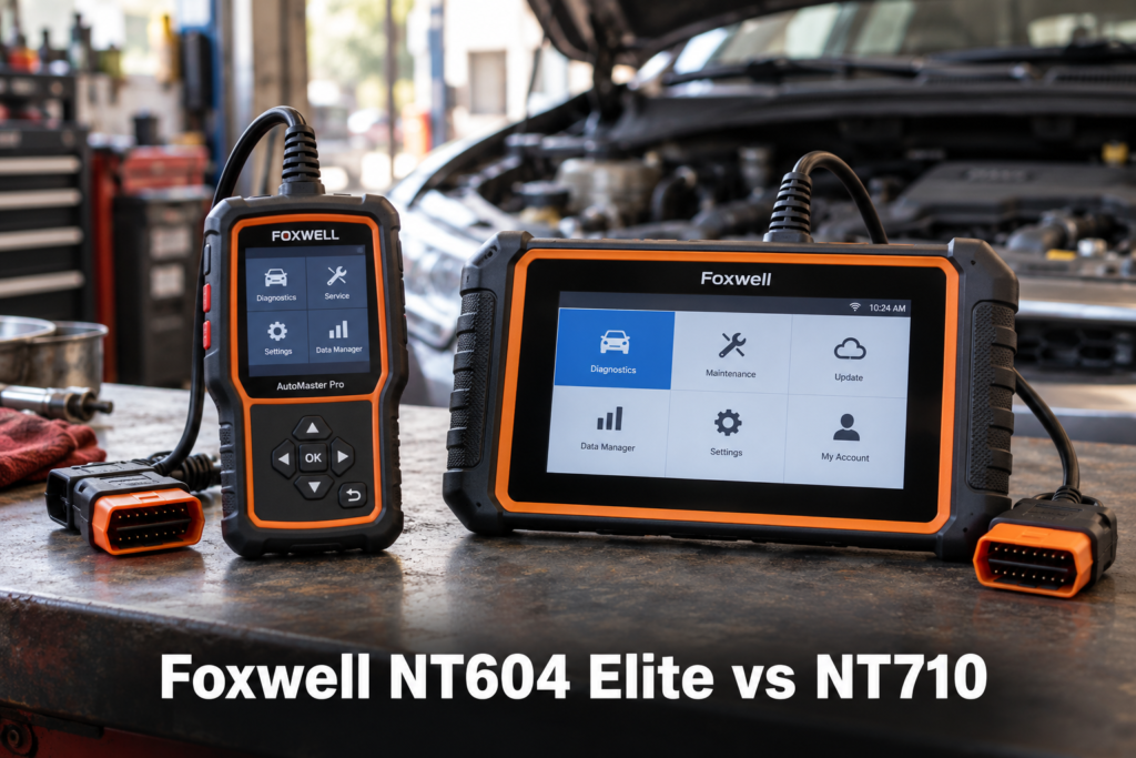 Foxwell NT604 Elite handheld scanner and Foxwell NT710 diagnostic tablet compared side by side on a workshop bench