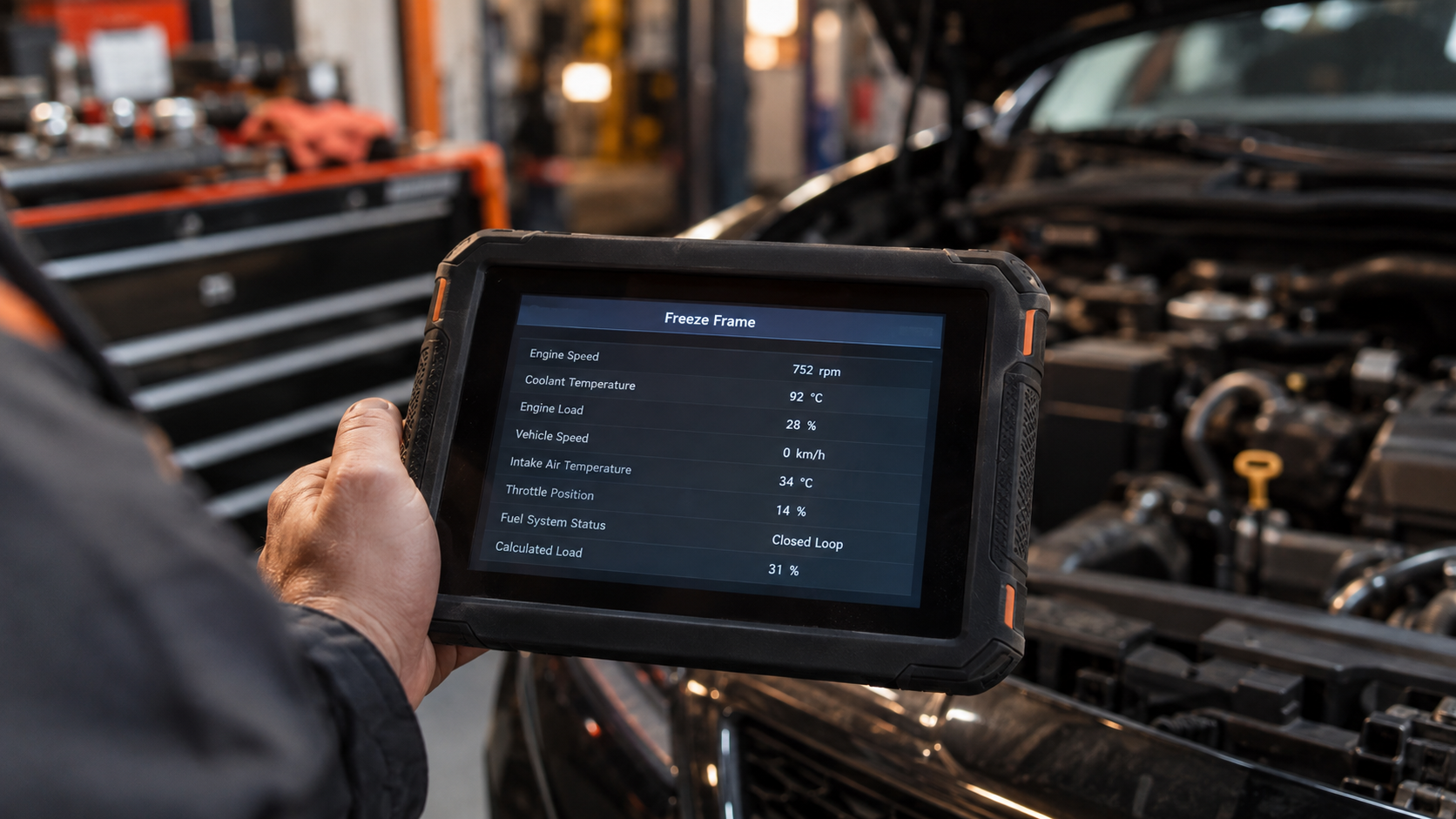 Technician holding a diagnostic tablet displaying freeze-frame data values in a workshop with a blurred vehicle in the background.