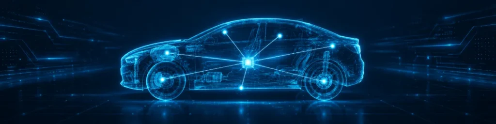 Glowing blue holographic car wireframe with connected nodes across multiple vehicle systems
