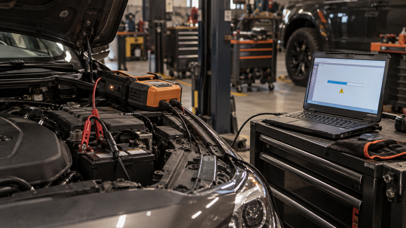 Diagnostic laptop showing a programming progress bar while a battery maintainer is connected to the vehicle during ECU programming.