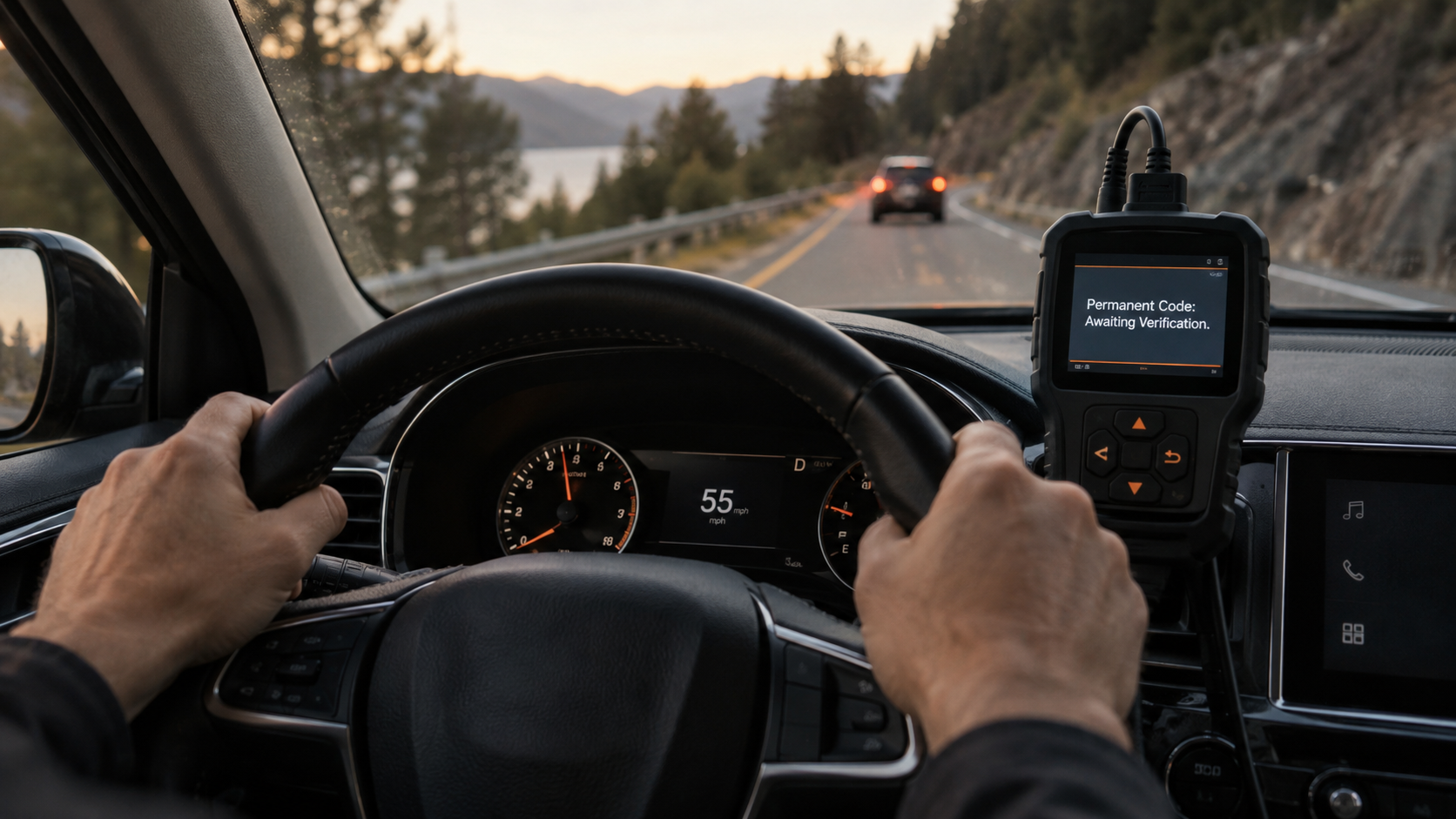 OBD2 scanner displaying a permanent code awaiting verification while the vehicle is being driven on the road.