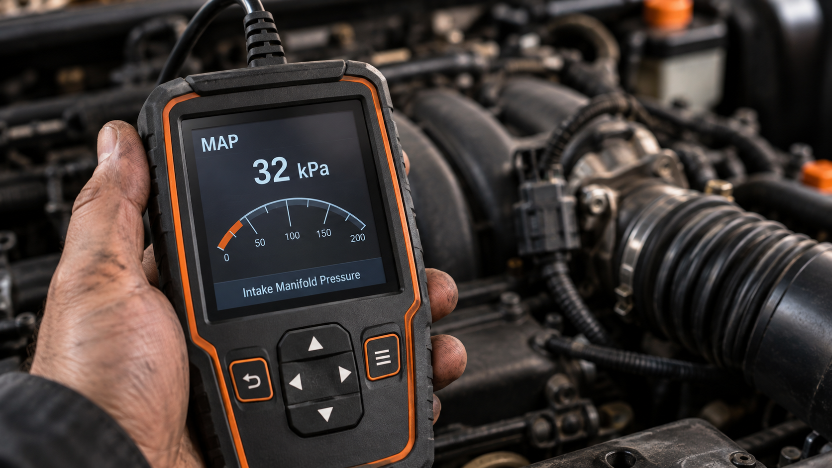 Handheld diagnostic scanner displaying manifold absolute pressure at 32 kPa near the engine intake manifold.