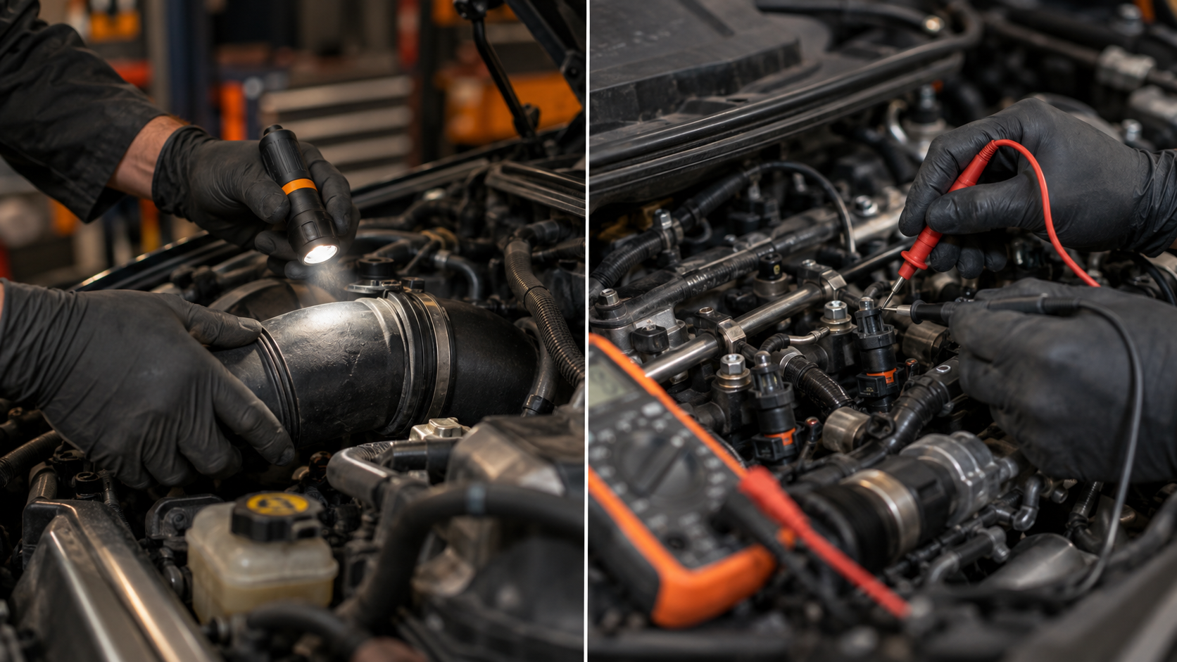 Split image: intake hose inspection with a flashlight and fuel system testing with a multimeter.