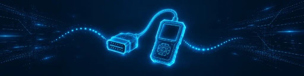 Glowing blue holographic OBD2 scanner with a curved data cable trailing to the vehicle port