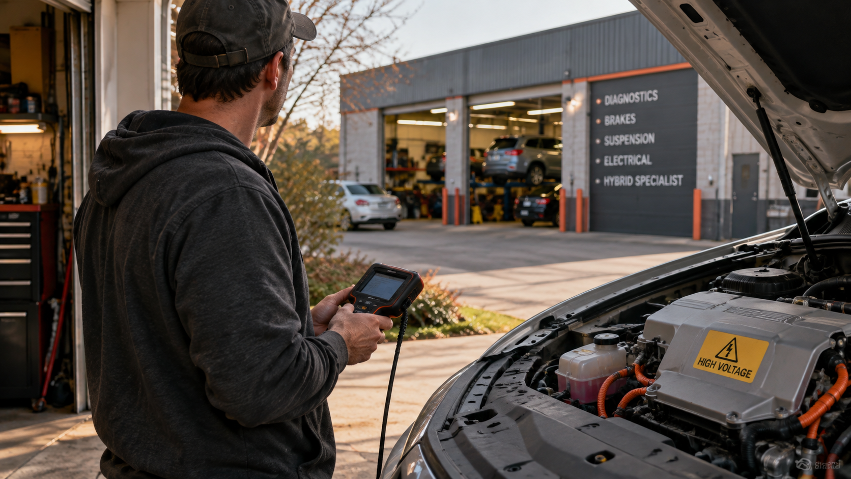 DIY mechanic holding a diagnostic scanner near a hybrid vehicle, considering professional repair for a safety-critical fault.