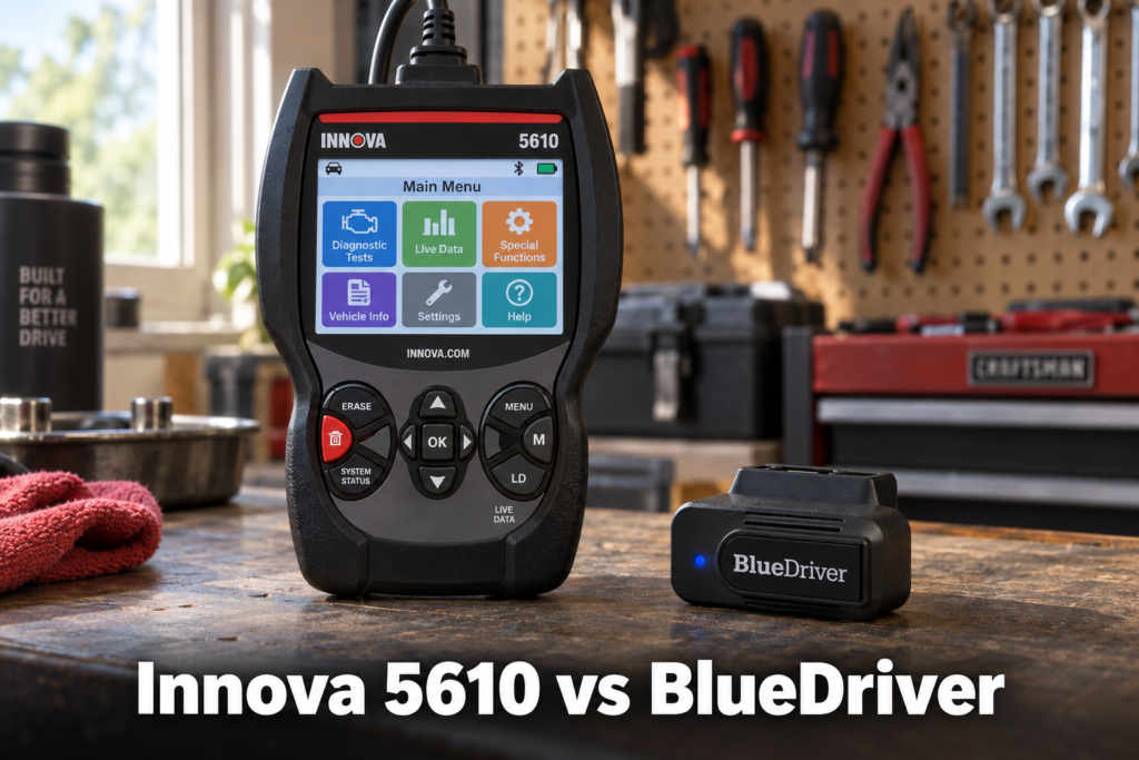 Innova 5610 handheld diagnostic scanner and BlueDriver Bluetooth OBD2 adapter compared on a garage workbench