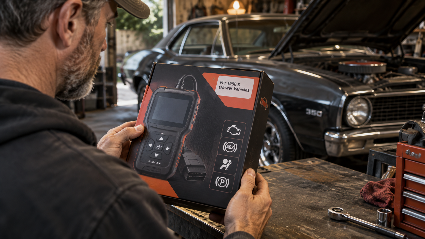 Buyer inspecting an OBD2 scanner package marked for 1996 and newer vehicles with an older classic car in the background.