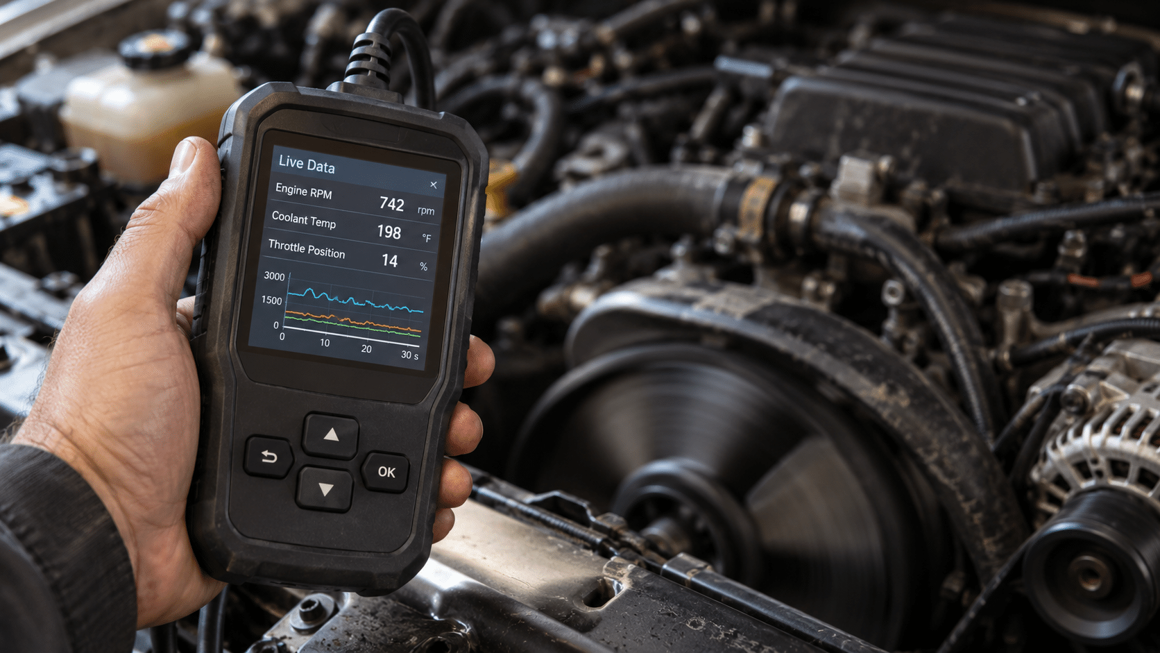 Handheld OBD2 scanner displaying live engine data and a graph over an open engine bay.