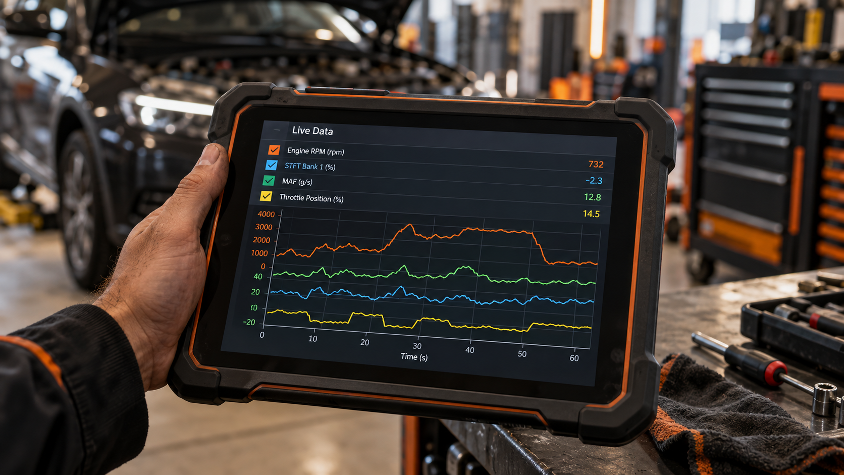 Diagnostic tablet displaying multiple live data graphs for engine RPM, fuel trim, MAF, and throttle position in a workshop.