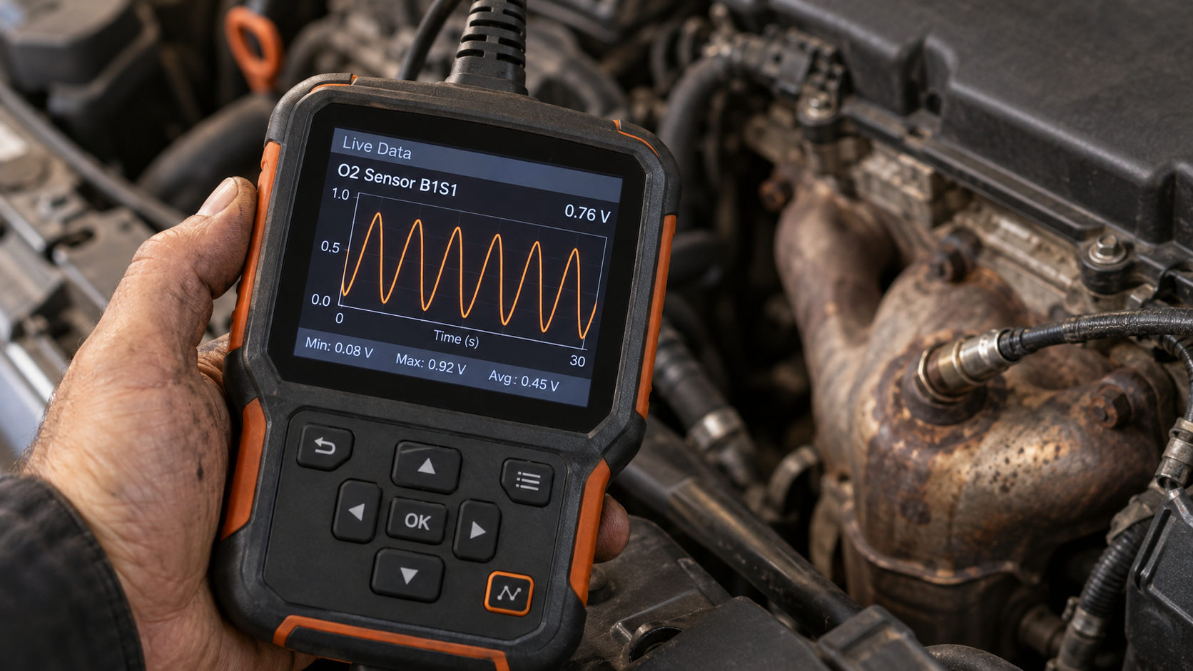 OBD2 scanner showing a live O2 sensor B1S1 waveform beside an engine's oxygen sensor and exhaust area.