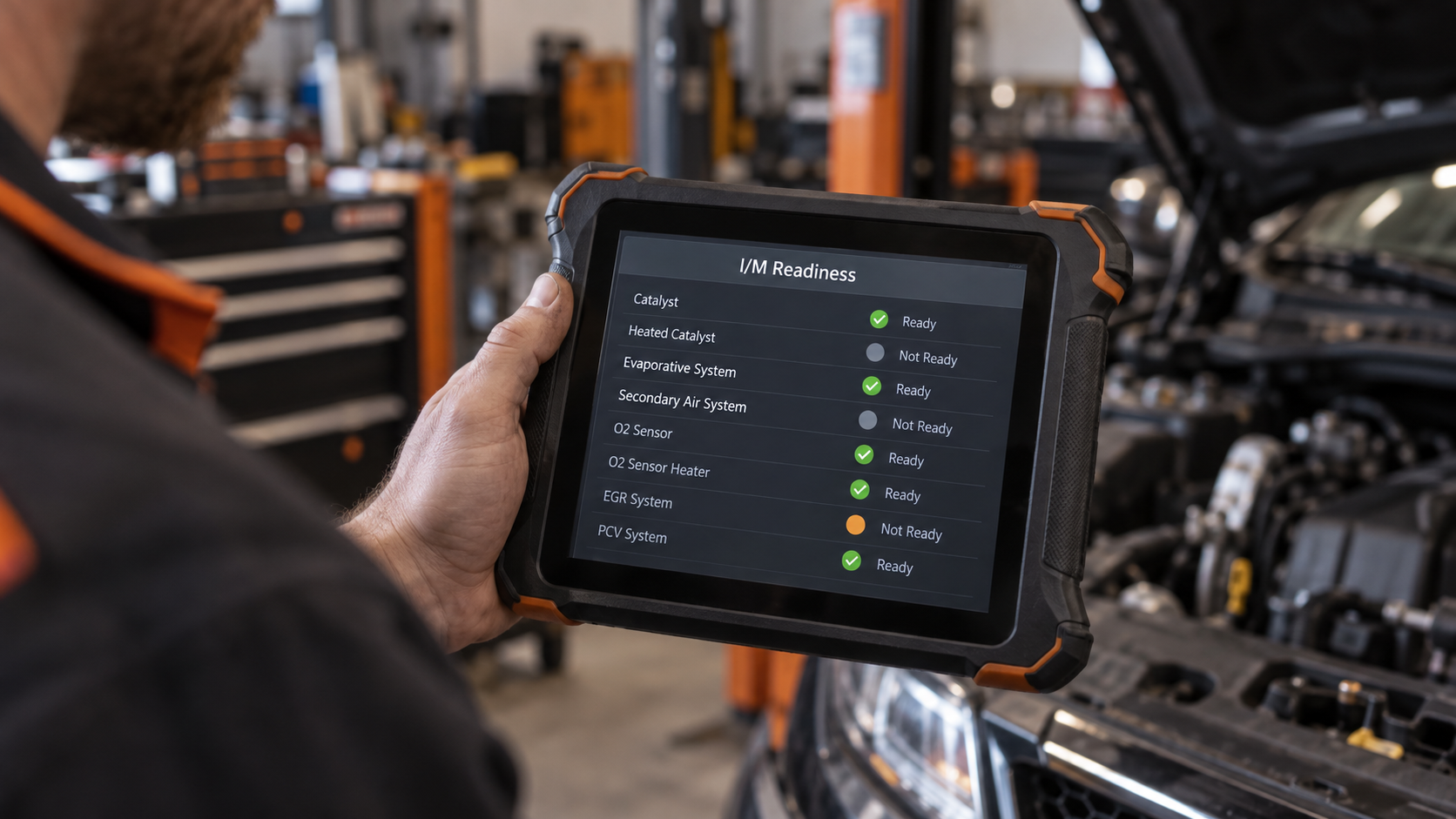 Diagnostic tablet displaying I/M readiness monitor status with ready and not-ready indicators in a workshop.