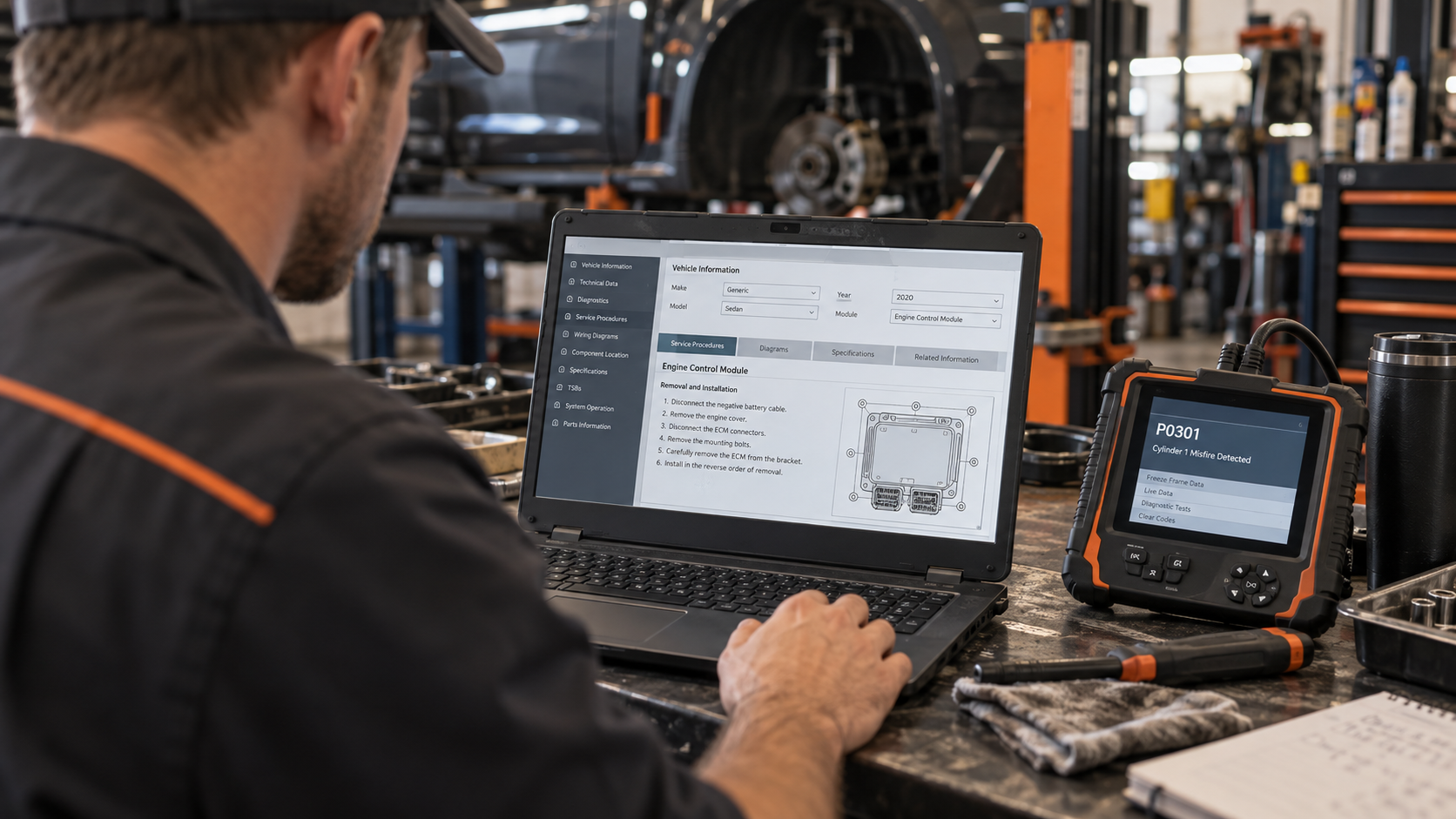 Technician reviewing vehicle service information on a laptop while a diagnostic scanner nearby displays code P0301 on a workshop bench.