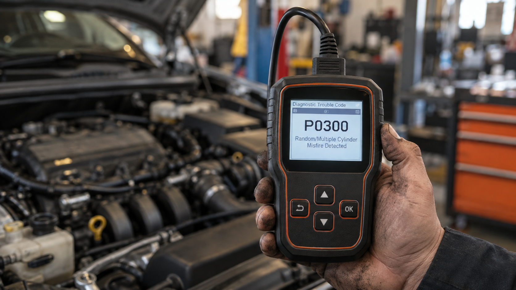 Handheld OBD2 scanner showing diagnostic code P0300 in front of a blurred engine bay.