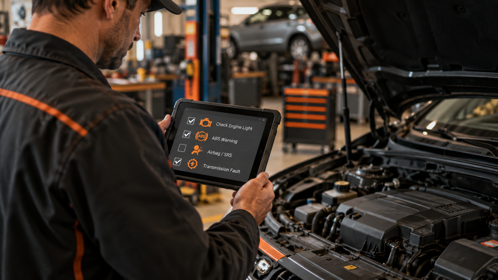 Technician reviewing scanner coverage for check engine, ABS, airbag, and transmission faults beside an open vehicle hood.