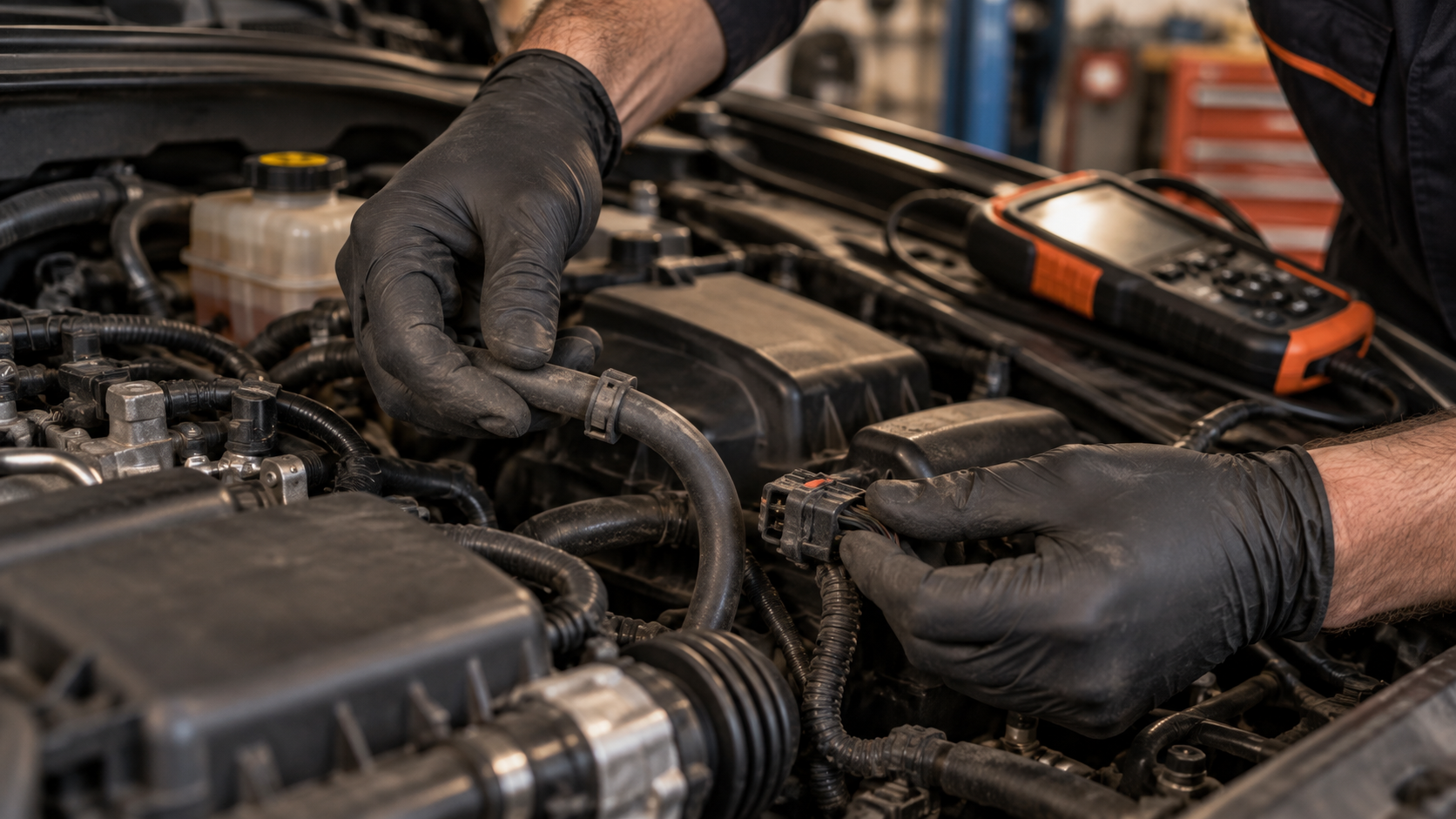 Mechanic inspecting a vacuum hose and electrical connector in an engine bay while a diagnostic scanner rests nearby.