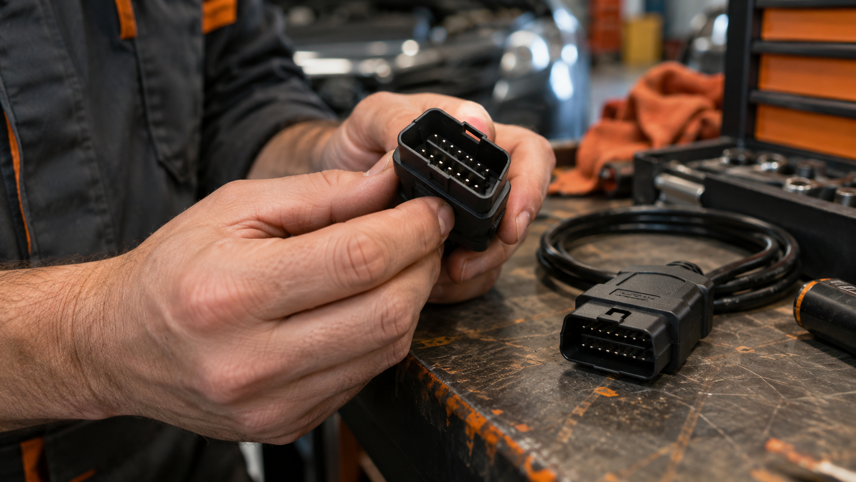 Technician inspecting the pins of an OBD2 diagnostic cable connector with a second spare cable resting nearby on the workbench.